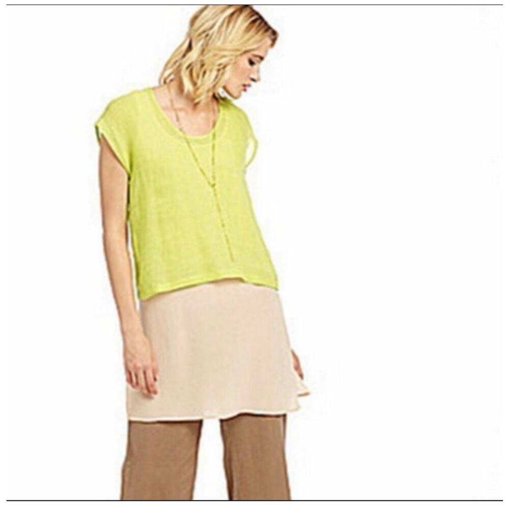 Eileen Fisher Organic Linen Honeydew Yellow Semi-Sheer Top Scoopneck Sz XL